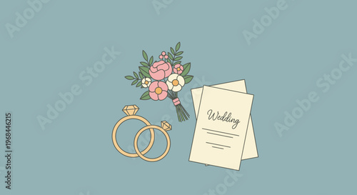 Elegant wedding invitation with floral bouquet and gold rings on blue background.