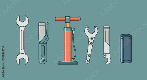 Flat lay illustration of various home equipment tools, including a wrench, pliers, and air pump, arranged on a teal background with a minimalist style.