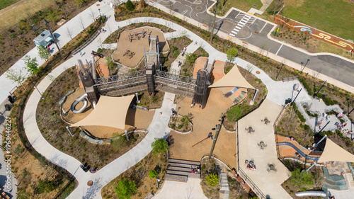 Aerial View of Gipson Play Plaza Adventure Playground at Dorothea Dix Park