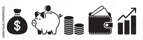 Finance icons set. collection of money bag, piggy bank, coin stack, wallet, and growing graph symbols in solid style.
