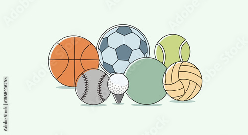 Collection of various sports balls including basketball soccer tennis golf baseball volleyball and billiard ball.