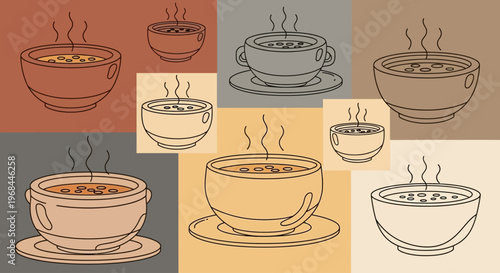 Collection of steaming hot coffee and tea cups in various artistic styles.