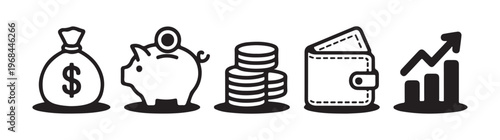 Finance icons set. collection of money, piggy bank, coin stack, wallet, and growing graph symbols in outline.