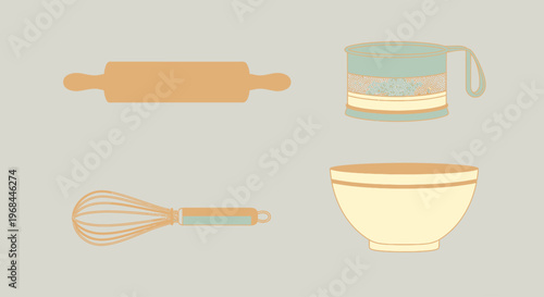 Set of kitchen baking tools including rolling pin, whisk, mixing bowl, and measuring cup.