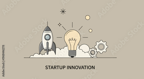 Conceptual illustration of startup innovation with rocket and light bulb.