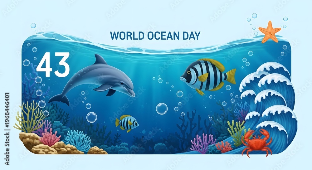 Naklejka premium Celebrating world ocean day with vibrant underwater marine life and coral reefs
