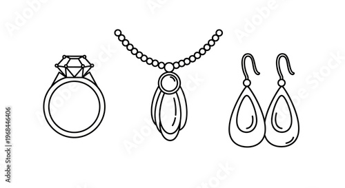 Hand-drawn black and white jewelry illustrations including ring necklace and earrings.