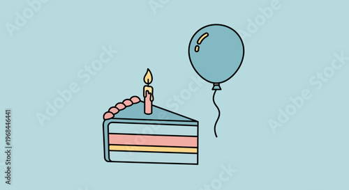 Illustration of a slice of birthday cake with a lit candle and a floating balloon.
