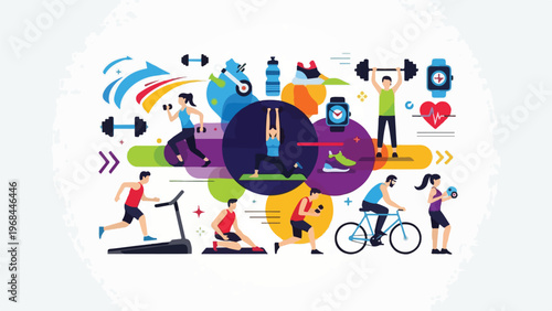 Colorful depiction of various fitness activities and exercise equipment
