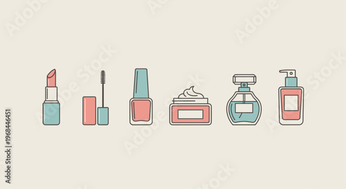 Flat lay of various colorful beauty and cosmetic products arranged on a neutral background, showcasing a lifestyle of modern pampering and self-care.