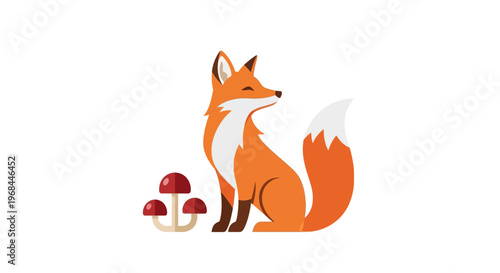 Orange Fox Sitting Beside Mushrooms.