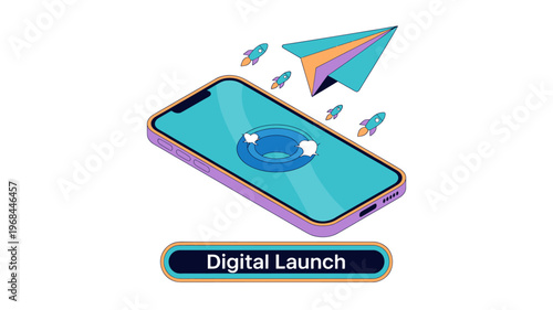 Digital launch concept with smartphone and rockets flying out  modern technology