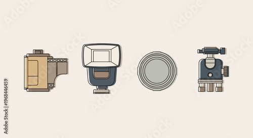 Flat lay of various vintage camera components on a light beige background, showcasing a selection of photography equipment parts in a lifestyle setting.