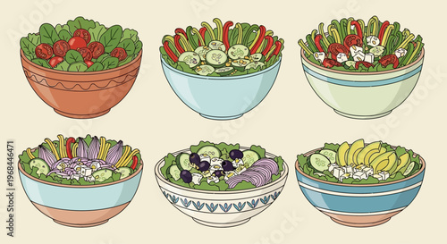 Illustration of six colorful bowls filled with various salads on a plain background, showcasing a healthy lifestyle with fresh ingredients.