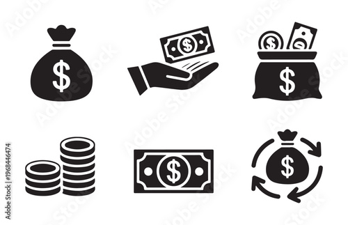 Collection of finance and banking icons depicting money growth and transactions for business use.