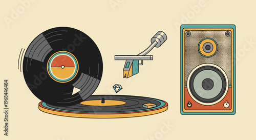 Vintage vinyl record player setup with turntable and speaker.