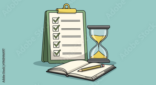 Checklist clipboard with hourglass and open notebook with pencil symbolizing time management and productivity.