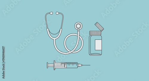 Flat lay illustration of doctor's tools including a stethoscope, syringe, and medical bottle on a light blue background.