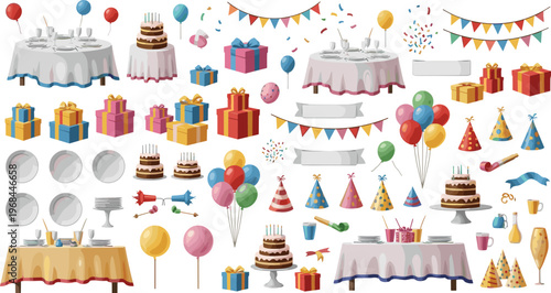 Birthday party celebration vector set featuring cakes balloons gifts table decorations confetti hats and festive event elements isolated on white