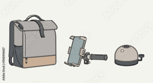 Illustration of a gray and brown backpack, a smartphone on a gimbal stabilizer, and a beige lunch box against a plain background, showcasing lifestyle and hobby accessories.