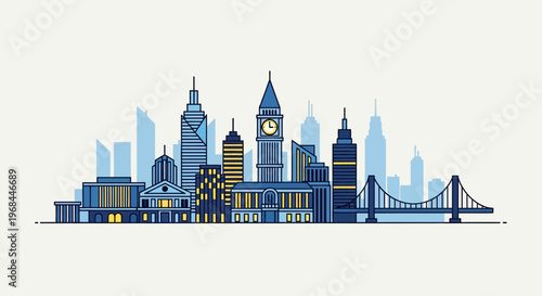Flat illustration of a city skyline with iconic buildings and a bridge in shades of blue and yellow on a white background.