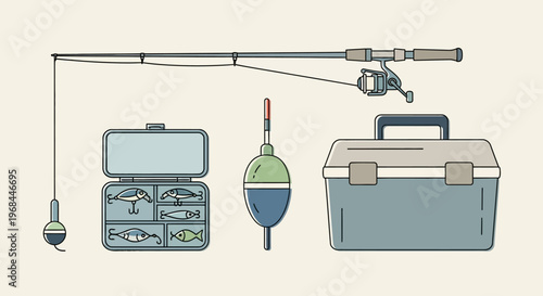 Flat lay of a fishing rod, tackle box, and cooler on a beige background, showcasing hobby and lifestyle gear for fishing enthusiasts.
