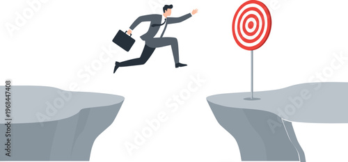 Brave businessman jumping over abyss to reach target for business success risk management and overcoming obstacles concept flat vector