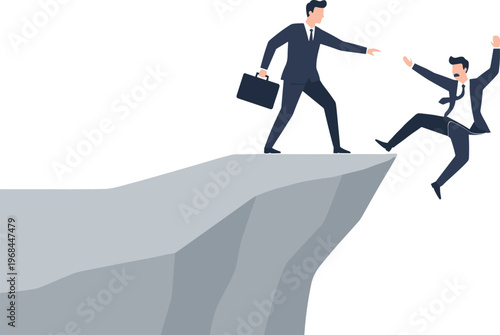 Brave businessman reaching out hand to save colleague falling from cliff for teamwork support crisis management and business partnership concept flat vector