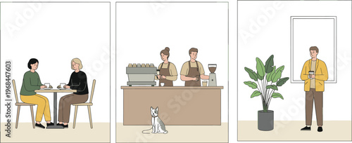 Collection of scenes in modern cafe with people drinking coffee baristas working at counter and customer with takeaway cup flat vector