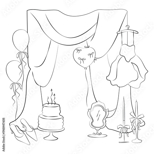 Hand-drawn birthday composition made of decorative fabric backdrop, festive air balloons, birthday cake and girly accessories