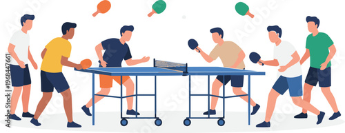 Diverse group of young men playing table tennis on multiple tables for sports competition and active lifestyle concept flat vector