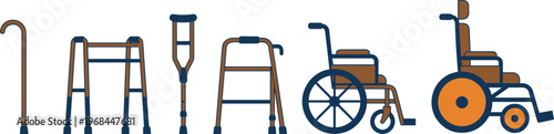 Collection of mobility aids and medical equipment including wheelchair walker crutch and cane for disabled and elderly people recovery concept flat vector