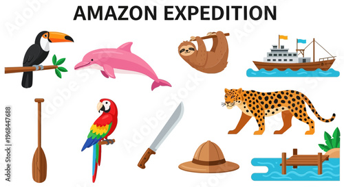 Amazon Expedition Jungle Adventure Icons Set.