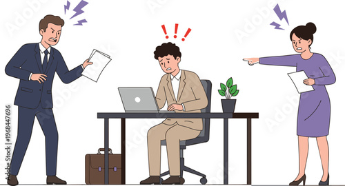 Stressed employee working on laptop at office desk while angry boss and manager shouting and pointing fingers at him concept flat vector