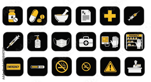 Pharmacy and Medical Warning Signs Icons Set in Bright Studio