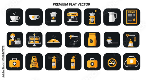 Cafe and Coffee Food Service Icons Set in Bright Studio