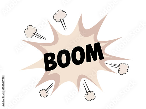 Explosion effect graphic with boom sound text and smoke clouds illustration