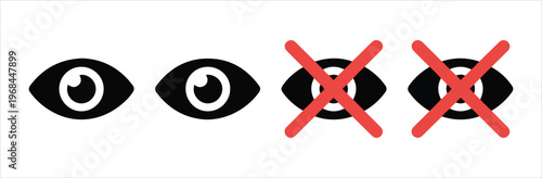 Two eyes looking forward and two eyes crossed out with red Xs indicating vision prohibition or blindness.