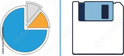 A vector illustration featuring a segmented pie chart on the left and a retro floppy disk storage icon on the right, separated by a vertical line.