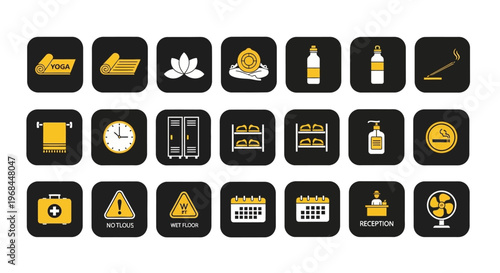 Hotel and Wellness Resort Icons Set with Spa Services and Relaxation Elements on Black Background