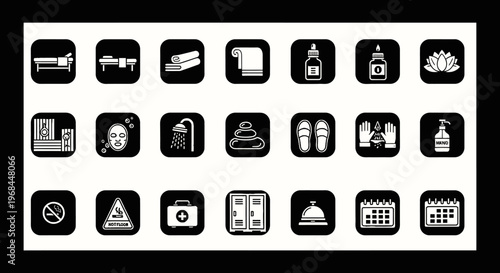 Spa, Wellness, and Hotel Amenities Icons Set with Relaxation and Personal Care Elements on Black Background