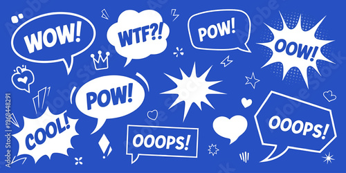 Collection of comic book style speech bubbles and icons on blue background