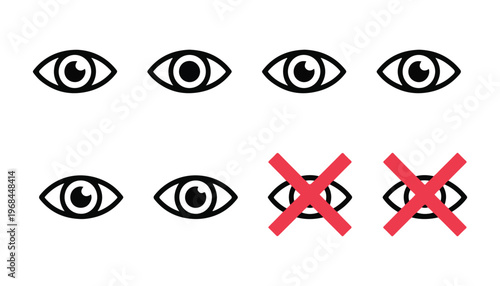 Visibility icon set with eight simple eye symbols, four showing vision and two with a red cross indicating hidden.