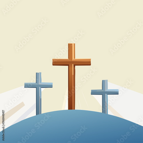 Three wooden Christian crosses on a hill for Easter religious background illustration