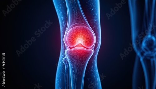 Digital Illustration of Knee Joint Pain and Inflammation with Blue Veins on a Dark Background