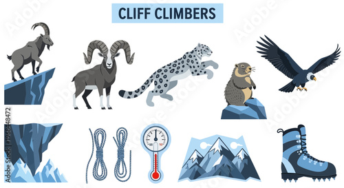 Modern Flat Illustration of  Cliff climbers adventure mountain wildlife icons.