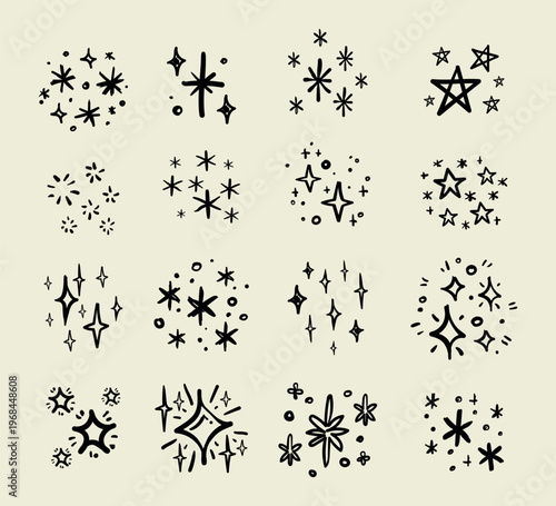 Set of whimsical, hand-drawn vector stars, sparkles and twinkles 