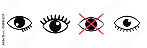 Cartoon eye character icons featuring long eyelashes and crossed out vision mark for expressive beauty design.