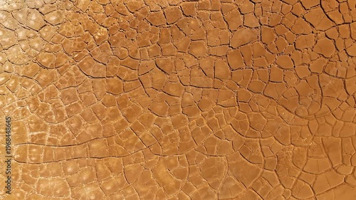 Aerial view of cracked red earth and dry mud patterns in the mining landscape of Minas de Riotinto, Andalusia, Spain.