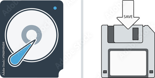 A vector illustration featuring a hard disk drive icon on the left and a floppy disk icon with a "save" arrow on the right, separated by a vertical line.